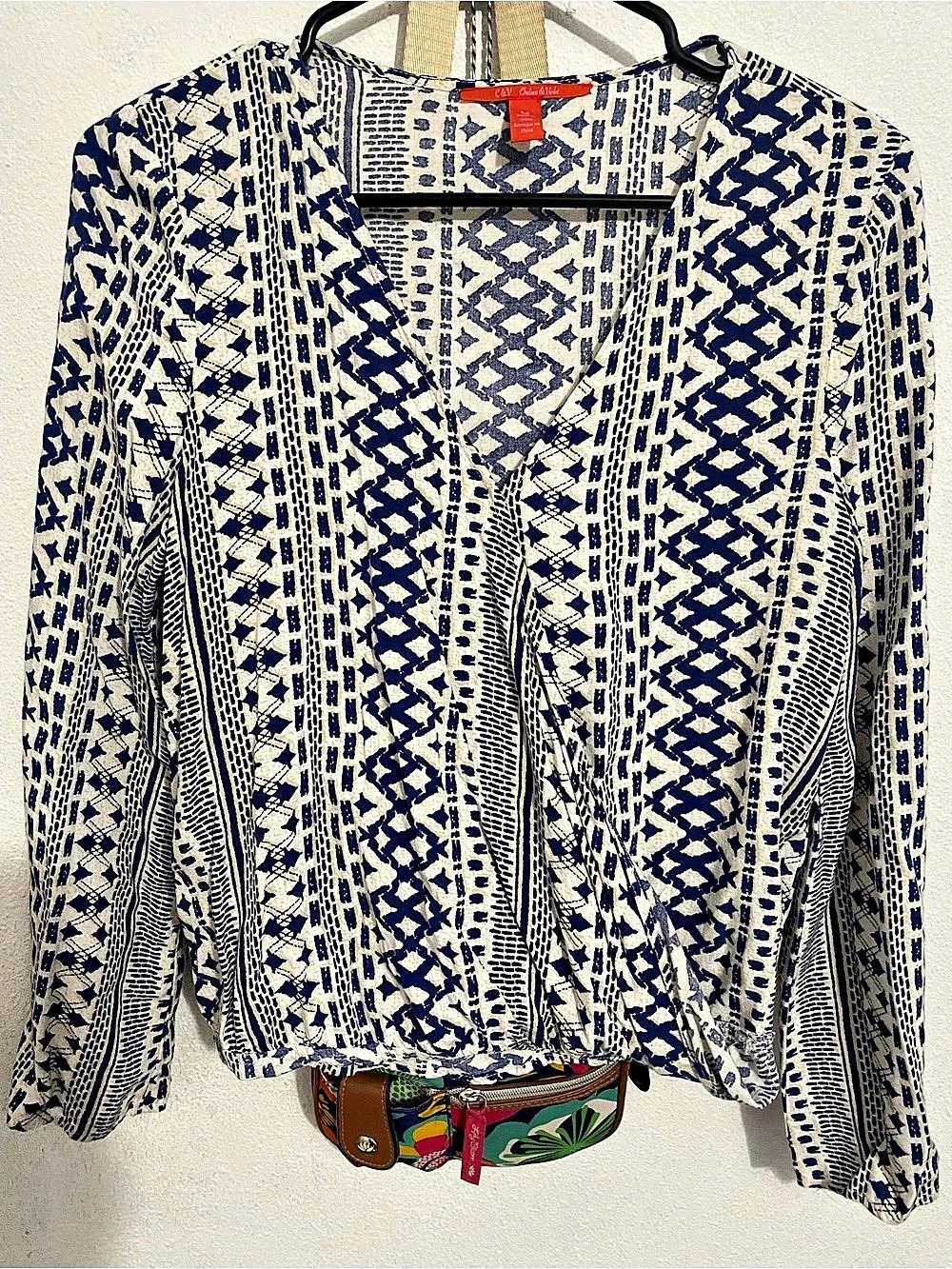 Free People Women's Geometric Blouse in Blue & White Like New